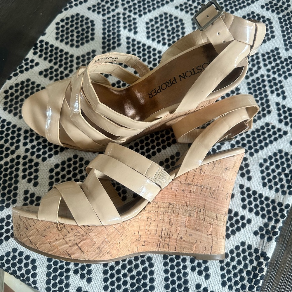 Boston Proper Patent Leather Nude Cork Wedge Sandals